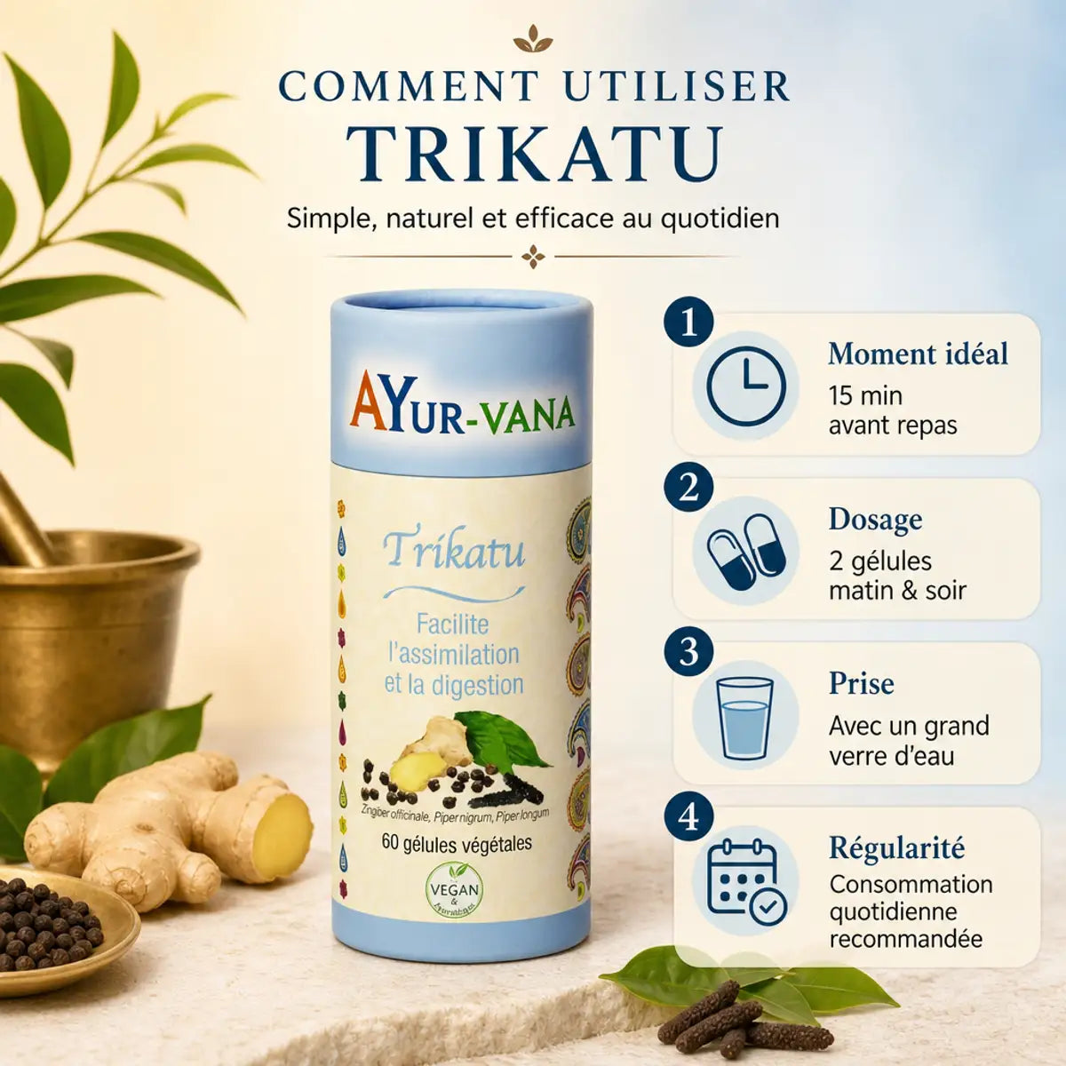 Trikatu 60 gélules Ayur-Vana avec guide d'utilisation : dosage, moment et conseils d'utilisation