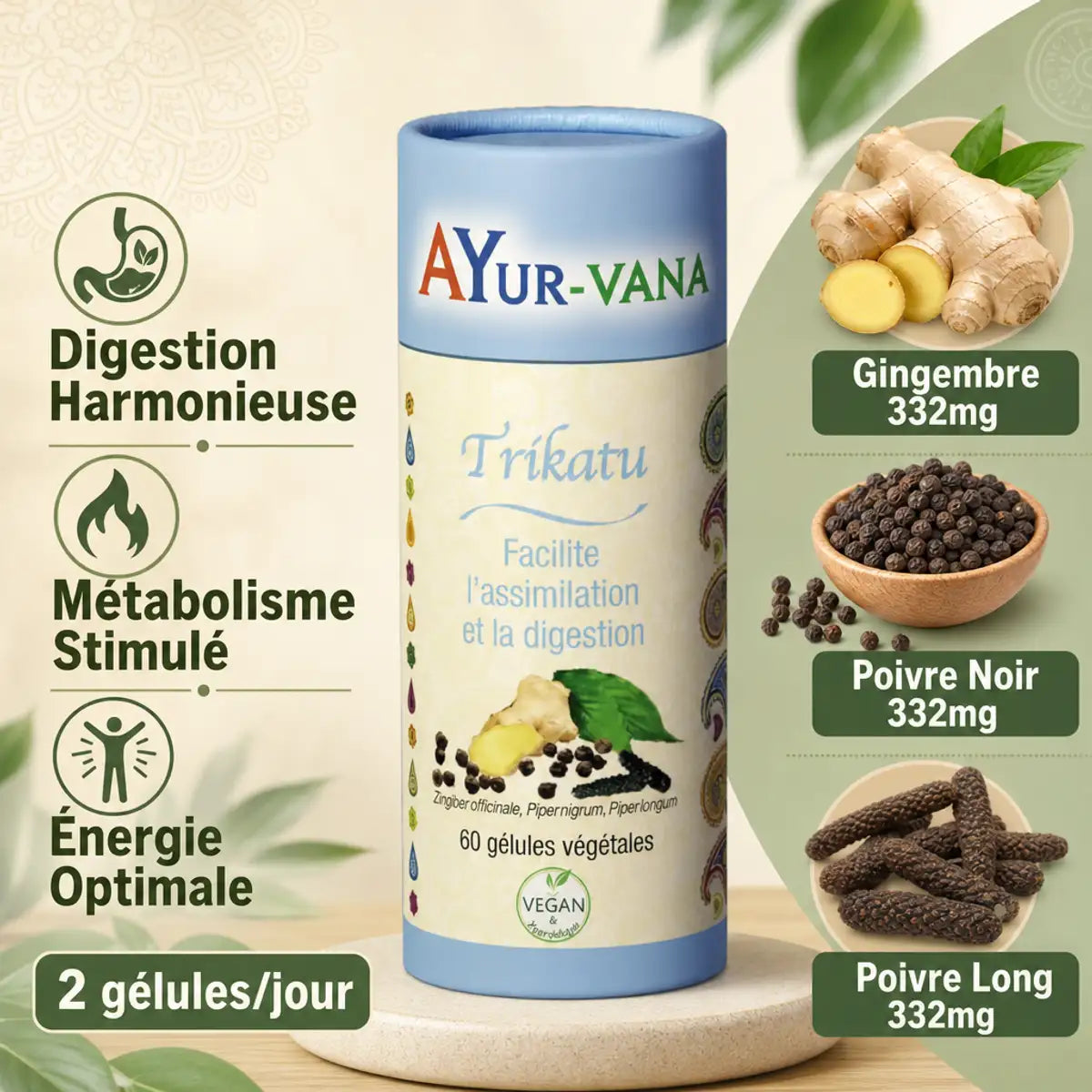 Trikatu Ayur-Vana 60 gélules avec gingembre, poivre noir et long pour digestion et métabolisme