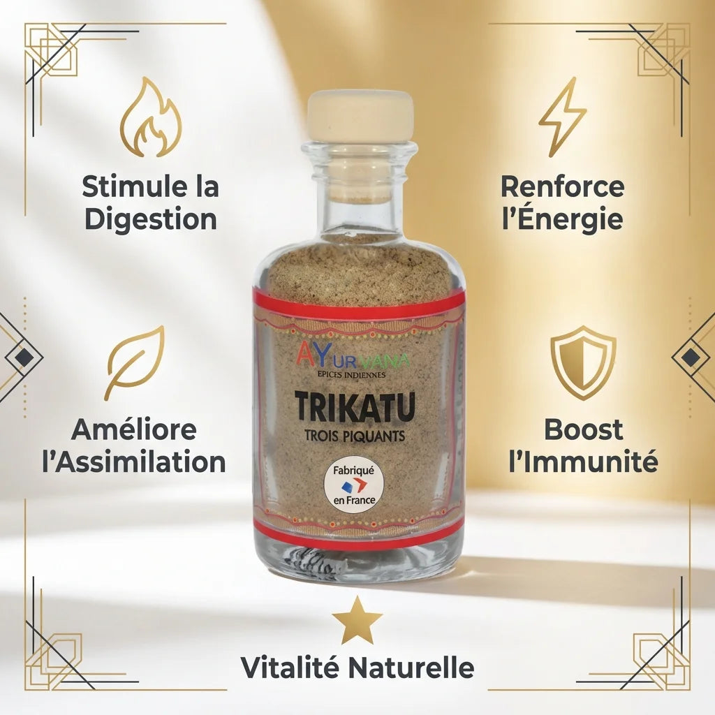 Trikatu AyurVana 50g avec bénéfices digestion, énergie et immunité en infographie