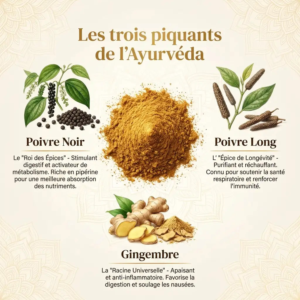 Composition infographique Trikatu AyurVana : poivre noir, poivre long et gingembre, trois épices ayurvédiques premium.