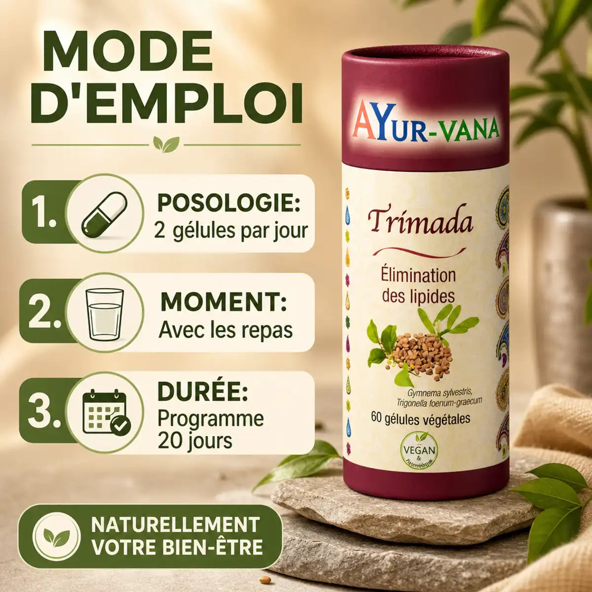 Trimada AyurVana 60 gélules élimination lipides - Mode d'emploi 2 gélules par jour avec repas
