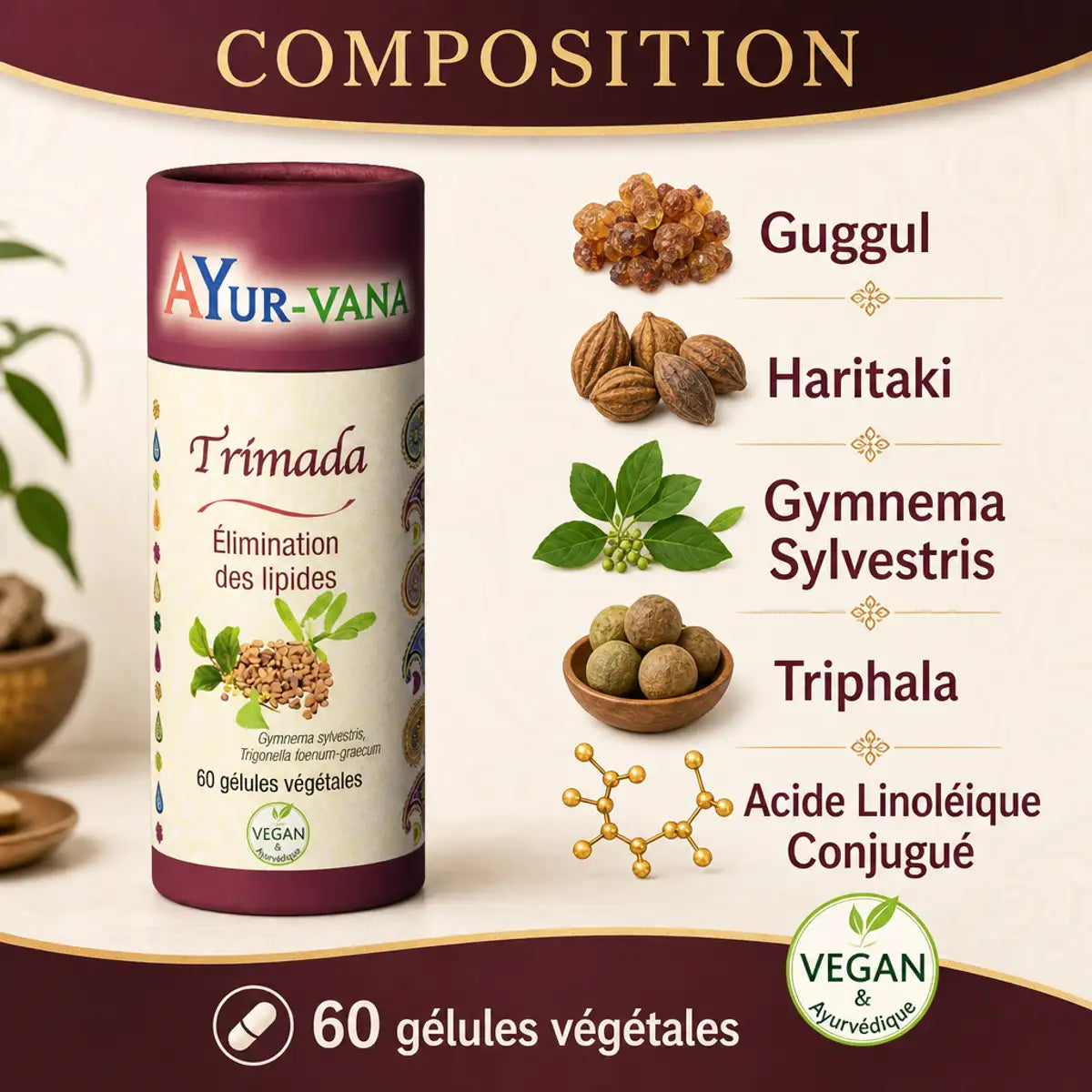Trimada 60 gélules AyurVana - Élimination lipides avec Guggul, Haritaki et Triphala