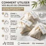 Trio billes céramiques filtrantes japonaises avec étapes d'utilisation et bénéfices eau alcaline minéralisée