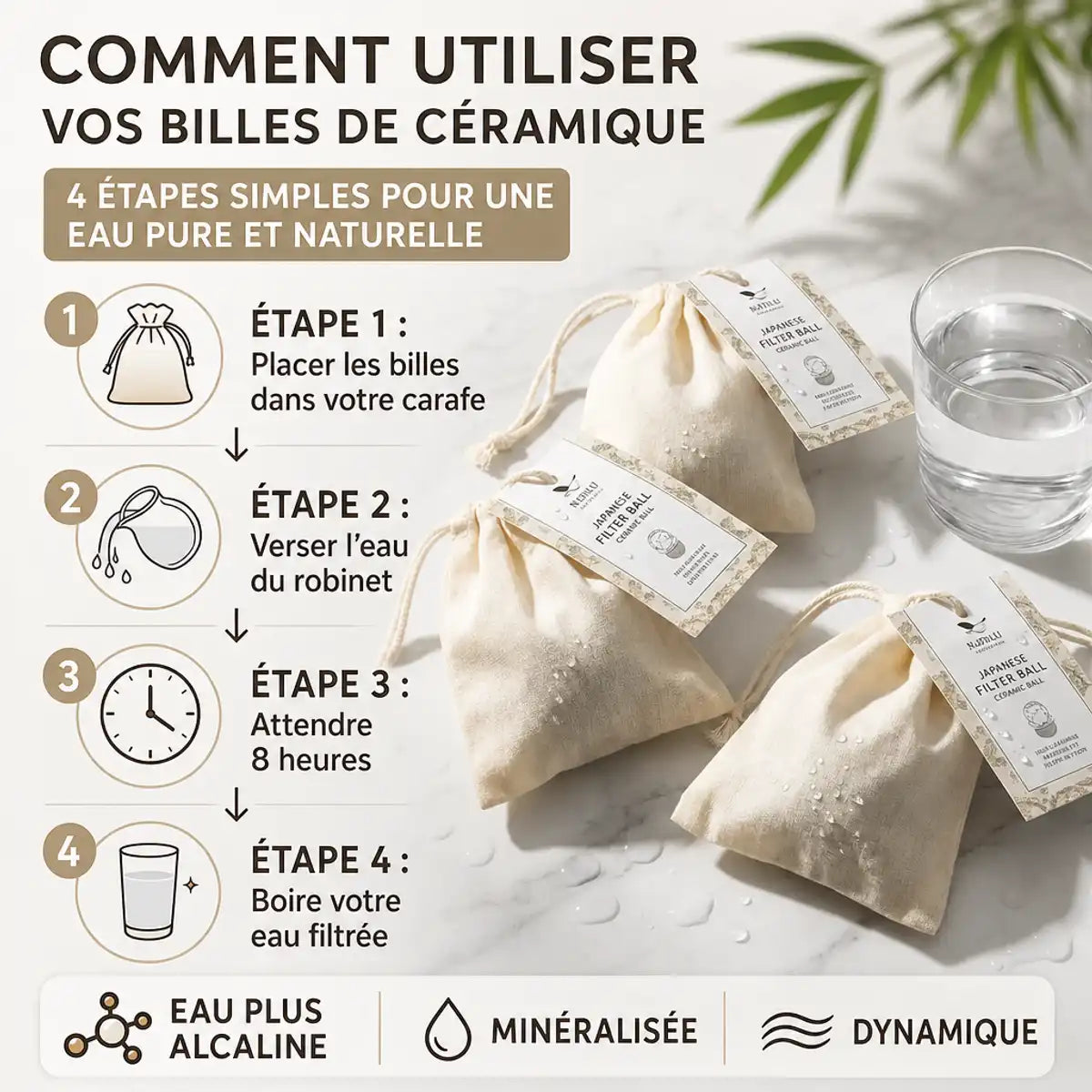 Trio billes céramiques filtrantes japonaises avec étapes d'utilisation et bénéfices eau alcaline minéralisée