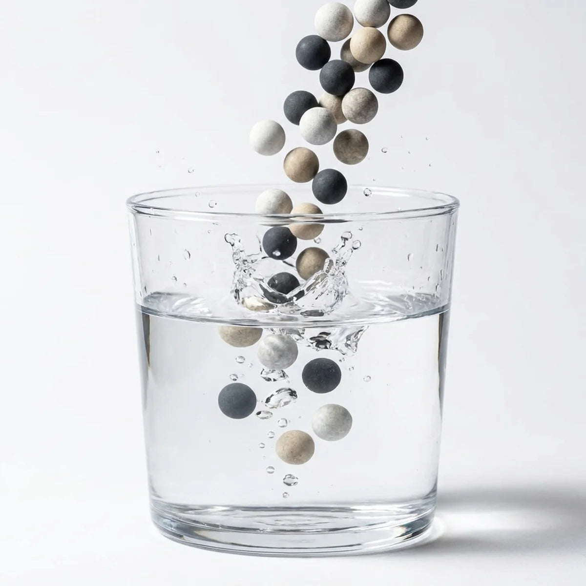 Trois billes de céramique filtrantes japonaises versées dans un verre d'eau pour purification