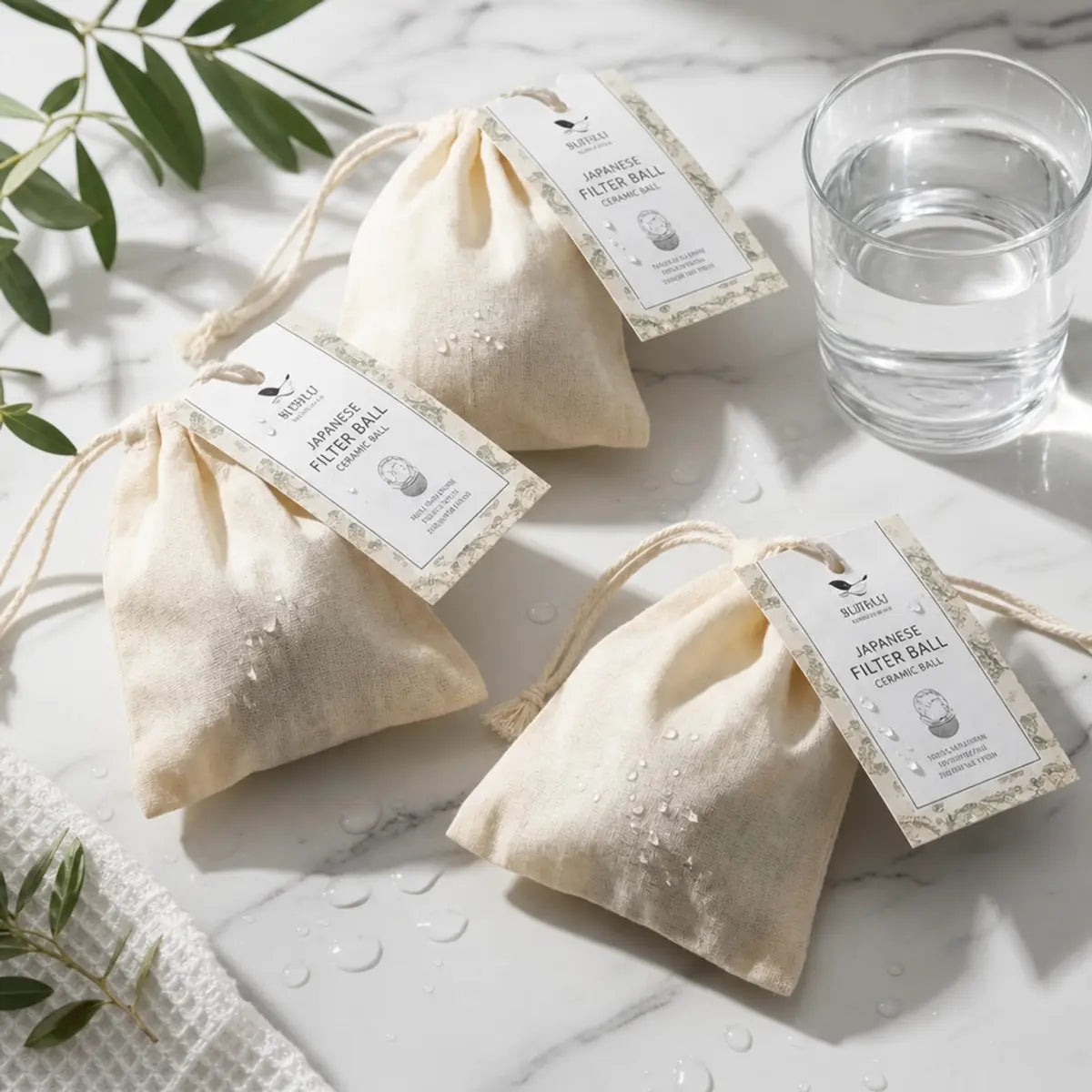 Trois billes de céramique filtrantes japonaises dans leurs pochettes sur marbre blanc avec verre d'eau pure