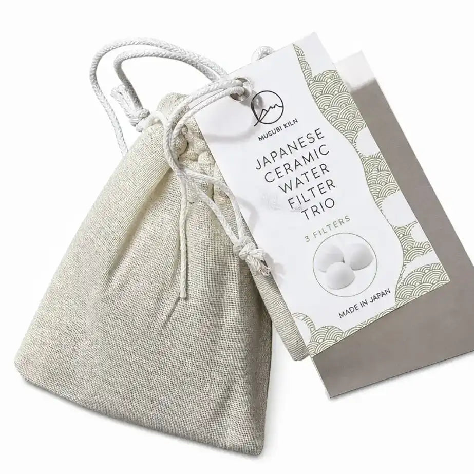 Trio de billes de céramique filtrantes japonaises dans sachets lin pour filtration eau courante