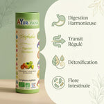 Triphala Ayur-Vana 120 gélules bio avec infographie digestion, transit et détoxification