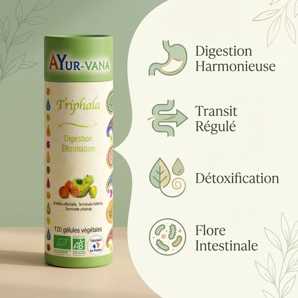 Triphala Ayur-Vana 120 gélules bio avec infographie digestion, transit et détoxification
