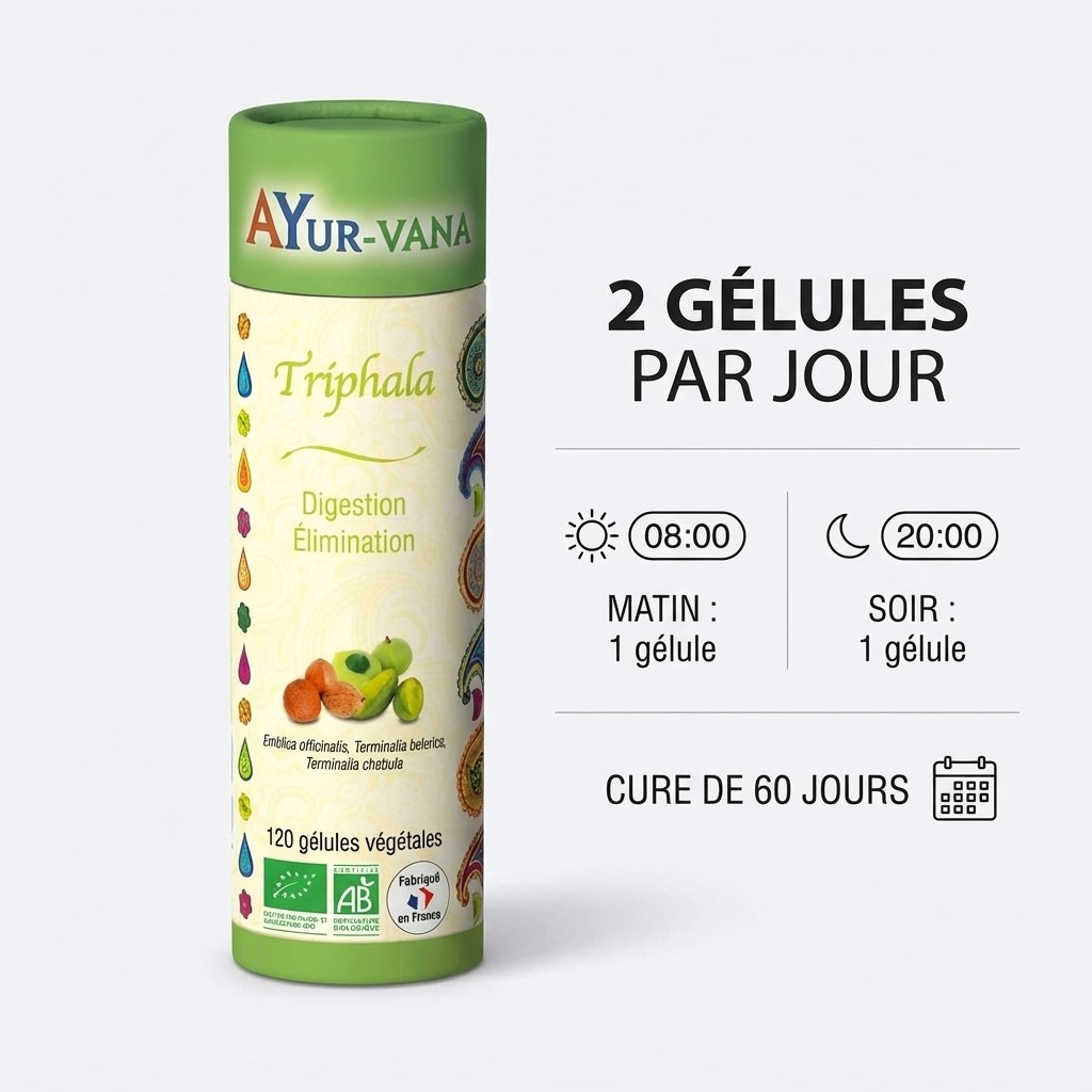 Triphala Bio Ayur-Vana 120 gélules avec dosage 2 gélules par jour et cure 60 jours