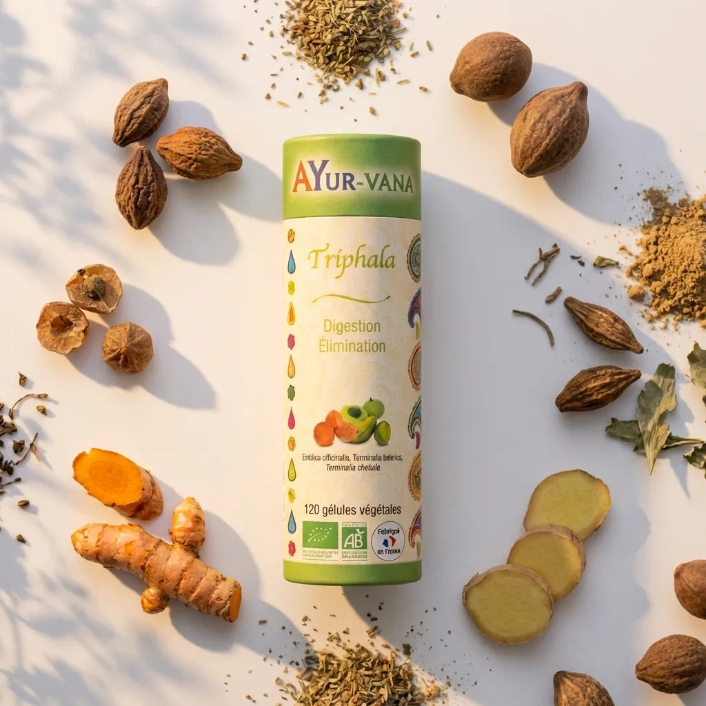 Triphala Bio Ayur-Vana 120 gélules avec curcuma frais et gingembre pour digestion naturelle