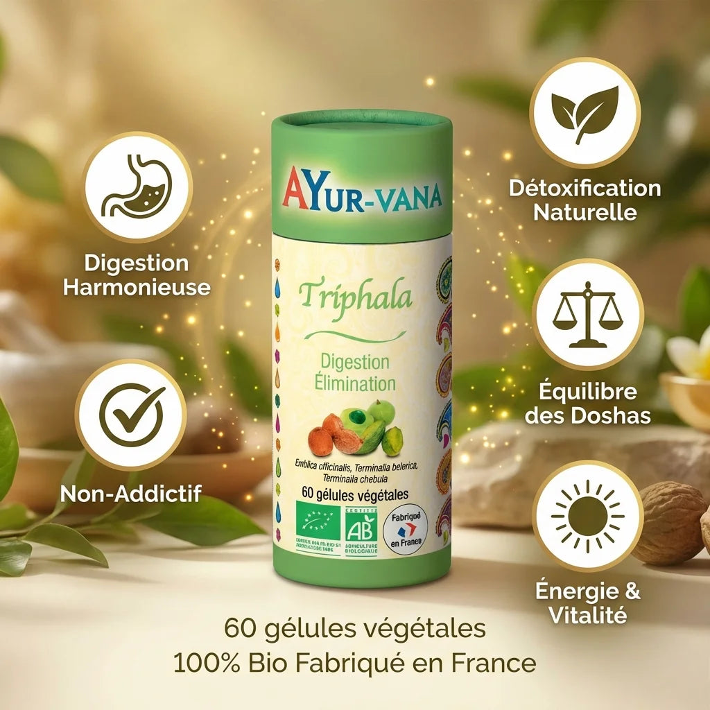 Triphala Bio 60 gélules Ayur-Vana avec bénéfices digestion, détoxification et vitalité