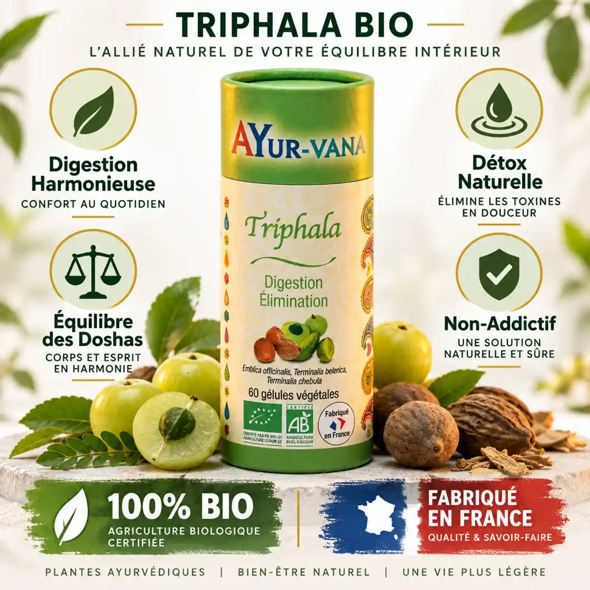 Triphala Bio Ayur-Vana 60 gélules avec ingrédients naturels pour digestion et détoxification