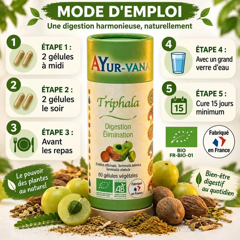 Triphala Bio 60 gélules mode d'emploi digestion élimination naturelle Ayur-Vana certifié