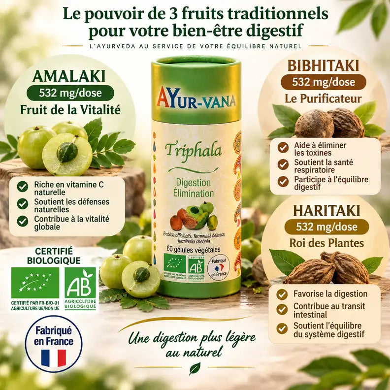 Triphala Bio 60 gélules Ayur-Vana avec ingrédients Amalaki, Bibhitaki, Haritaki pour digestion