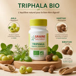 Triphala Bio Graine Sauvage - flacon de gélules avec fruits sacrés Amla, Haritaki, Bibhitaki pour digestion et élimination