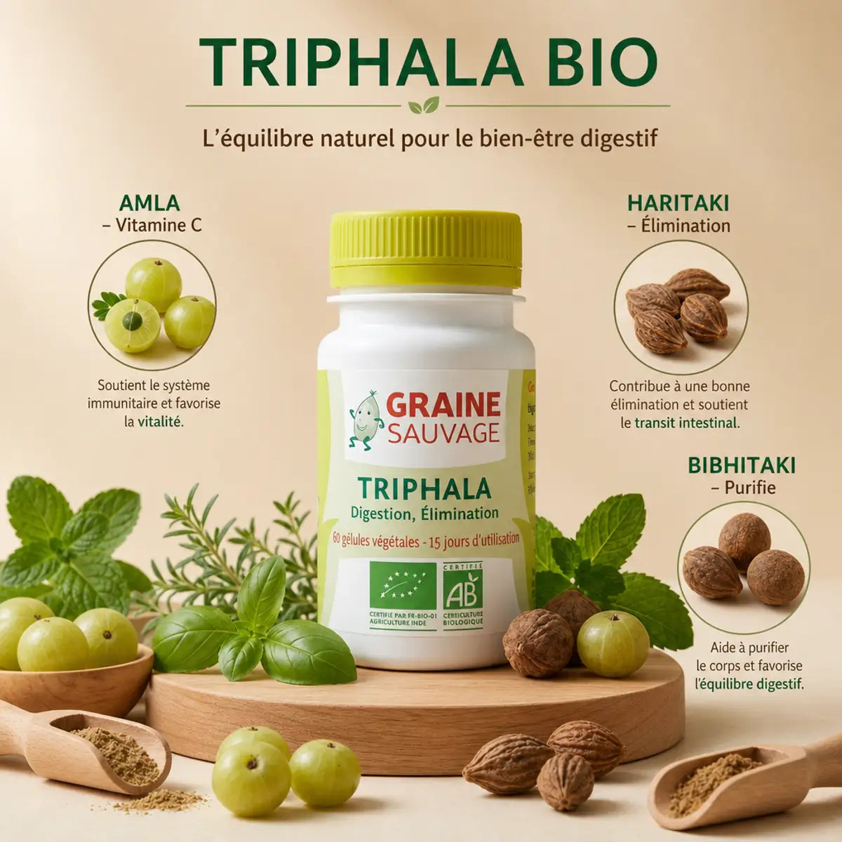 Triphala Bio Graine Sauvage - flacon de gélules avec fruits sacrés Amla, Haritaki, Bibhitaki pour digestion et élimination