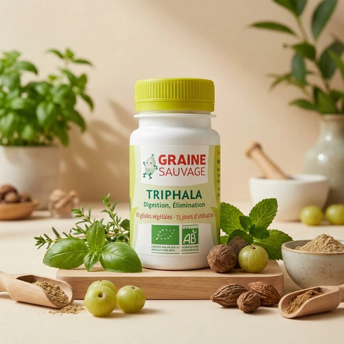 Triphala Bio Graine Sauvage 60 gélules, complément digestif naturel avec herbes et fruits secs