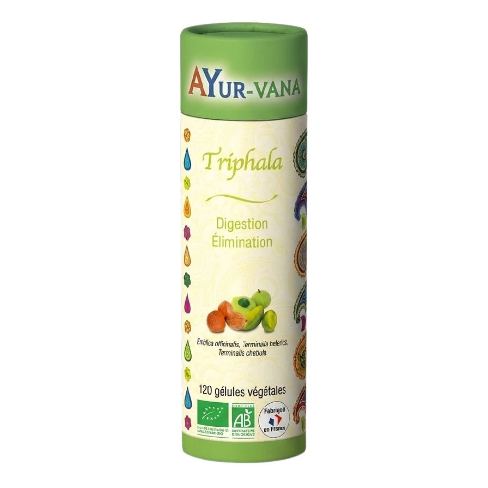 Un pilulier de Triphala Bio Digestion et Elimination de la marque Ayur-vana en 120 gélules