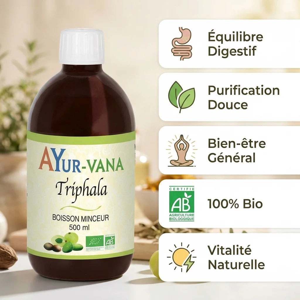 Triphala Boisson Minceur Bio 500ml Ayur-Vana avec bénéfices digestifs et purification naturelle