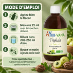 Flacon Triphala Boisson Minceur Ayur-Vana 500 ml bio avec mode d'emploi en 4 étapes sur fond vert sauge