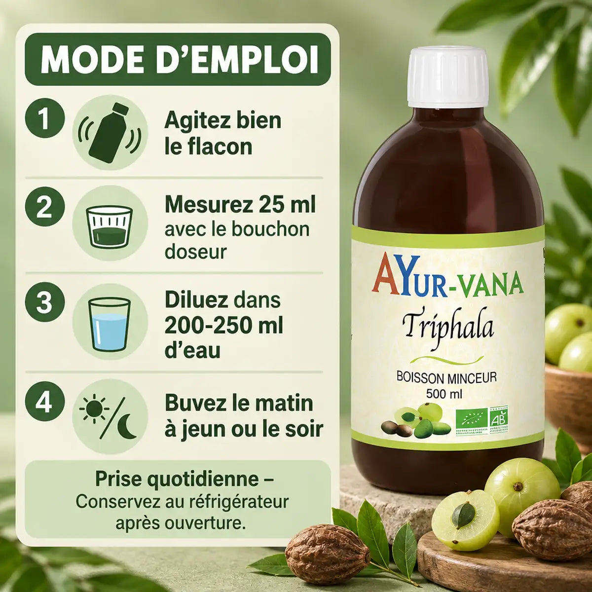 Flacon Triphala Boisson Minceur Ayur-Vana 500 ml bio avec mode d'emploi en 4 étapes sur fond vert sauge
