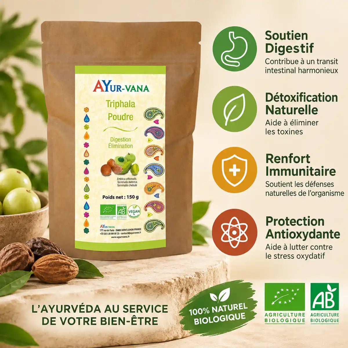 Triphala Poudre Bio 150g AyurVana - Soutien digestif, détoxification et protection antioxydante