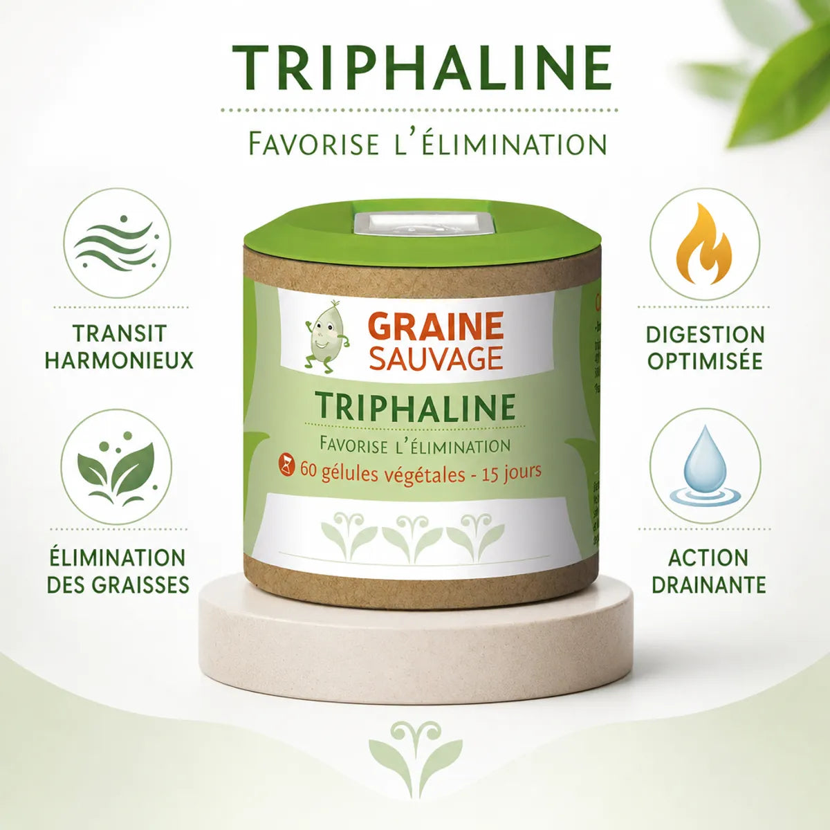Triphaline 60 gélules - Complément digestion et élimination avec bénéfices transit, digestion optimisée et action drainante