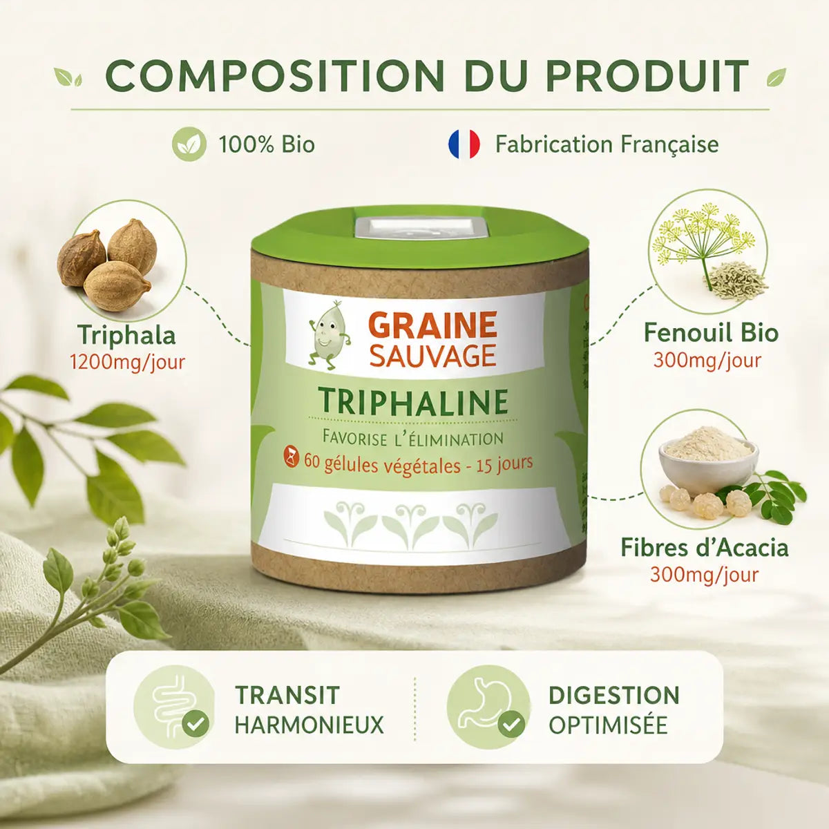 Triphaline 60 gélules - Complément digestion et transit avec Triphala bio et fibres d'acacia