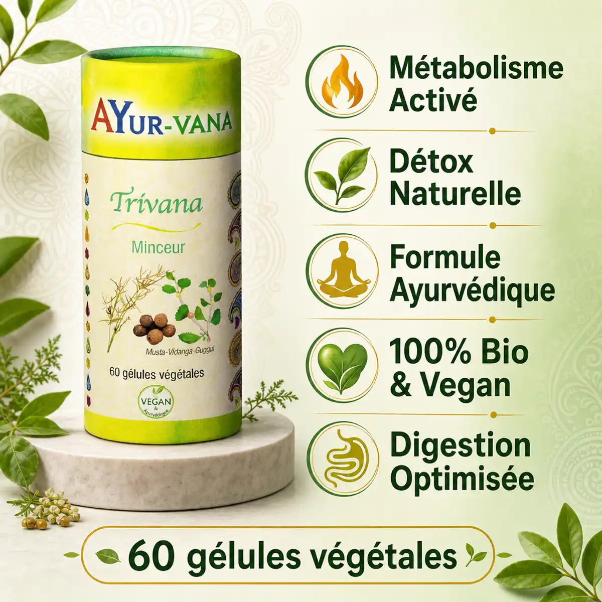 Trivana Minceur Bio 60 gélules AyurVana - Métabolisme, détox naturelle et formule ayurvédique bio vegan