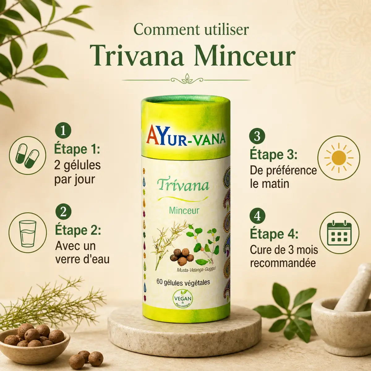 Trivana Minceur Bio 60 gélules AyurVana - Mode d'emploi : 2 gélules par jour avec eau le matin