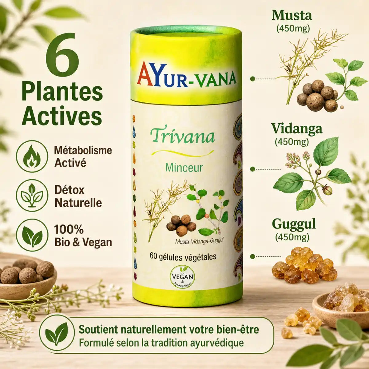 Trivana Minceur Bio 60 gélules AyurVana avec 6 plantes actives pour métabolisme et détox naturelle