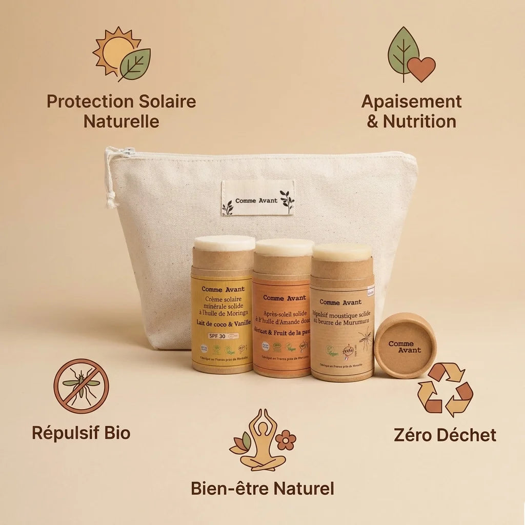 Trousse Essentiels Été Comme Avant SPF30 après-soleil répulsif moustique naturels zéro déchet