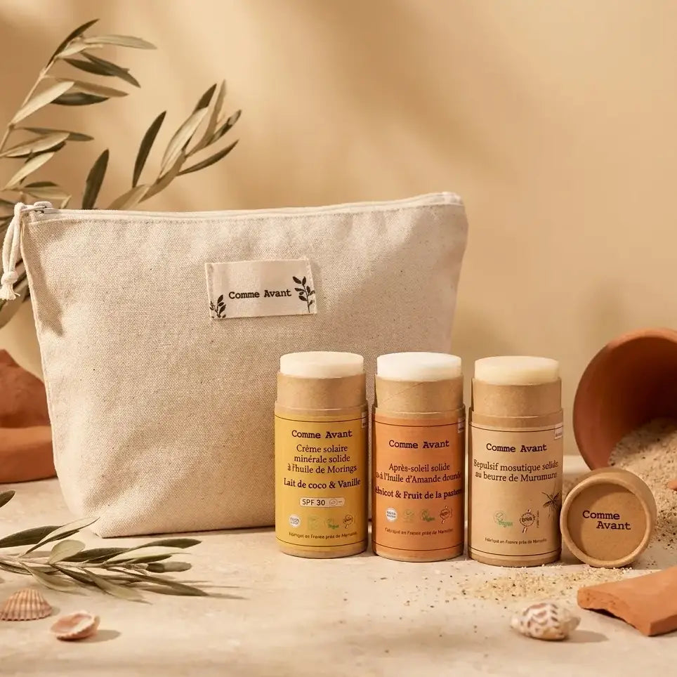 Trousse été Comme Avant SPF30, après-soleil et répulsif moustique sur pochette lin