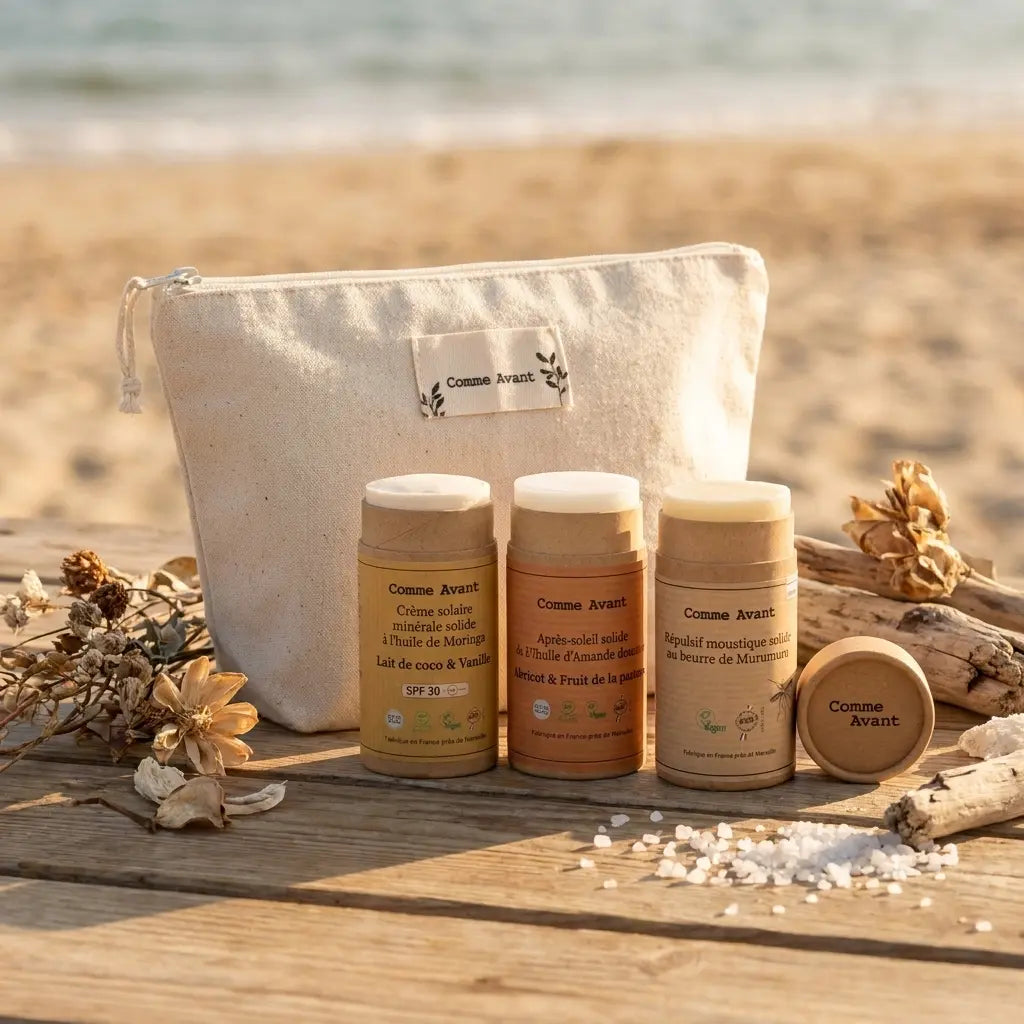 Trousse Essentiels Été Comme Avant SPF30, après-soleil, répulsif moustique sur linge crème