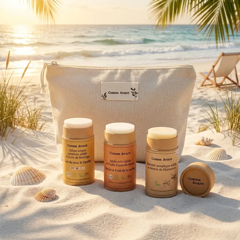 Trousse Été Comme Avant avec SPF30, après-soleil et répulsif moustique en contenants bois