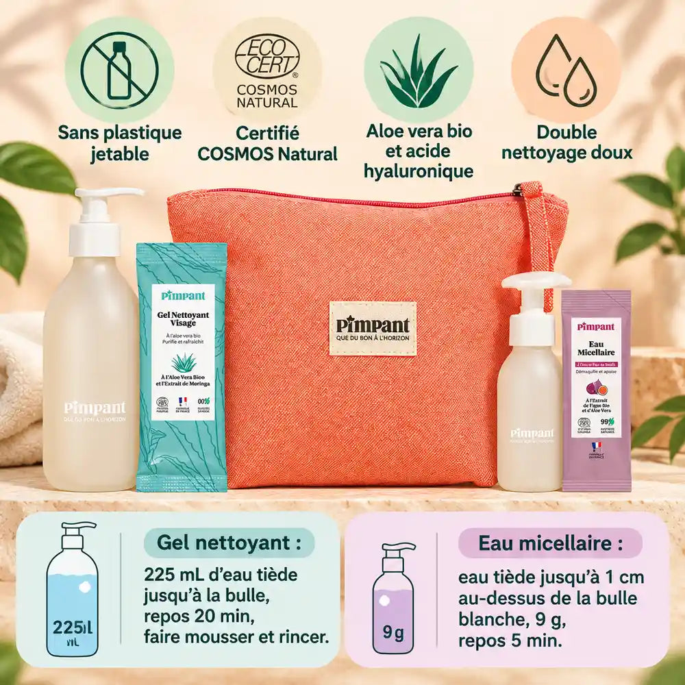 Trousse routine visage Pimpant corail : gel nettoyant aloe vera et eau micellaire figue calendula, recharges incluses