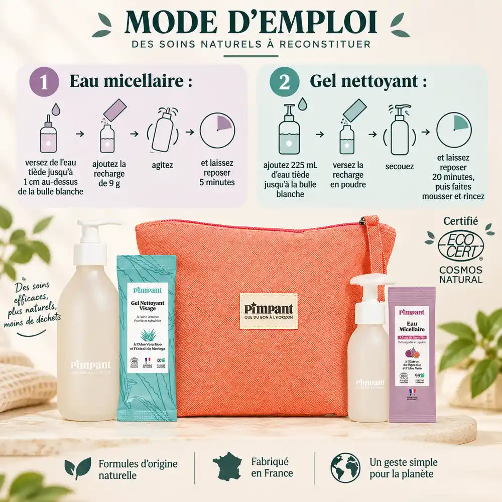 Trousse routine visage Pimpant : nettoyant aloe vera, eau micellaire figue et calendula, mode d'emploi, certifié COSMOS Natural