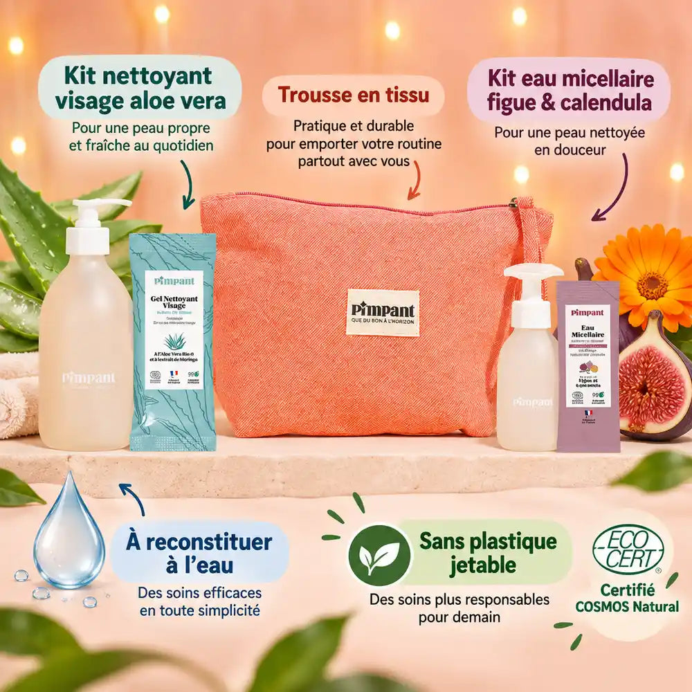 Trousse Routine Visage Pimpant : nettoyant aloe vera, eau micellaire figue et calendula dans sa pochette en tissu corail