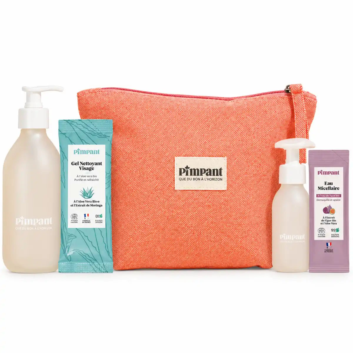 Trousse routine visage Pimpant : gel nettoyant aloe vera, eau micellaire figue et pochette corail, fond blanc