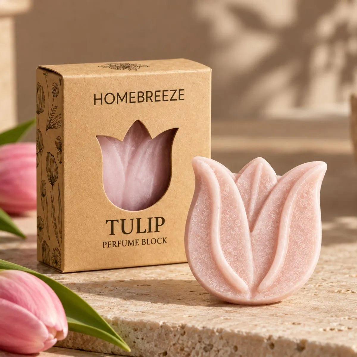 un carré fondant tulipe au jasmin de la marque homebreeze avec son packaing