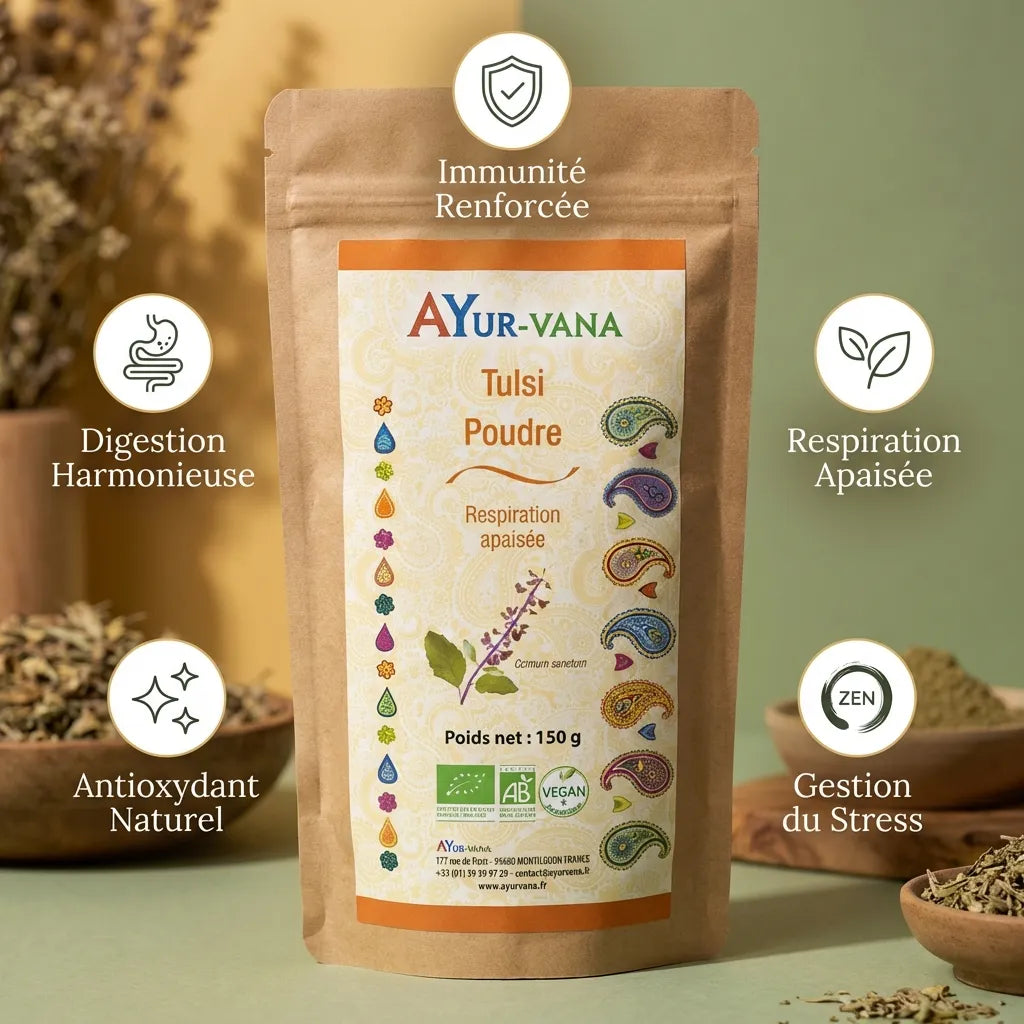 Tulsi Bio AyurVana 150g - Poudre basilic sacré avec bénéfices immunité, stress et digestion