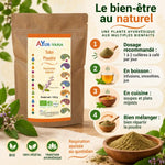 Poudre de tulsi bio AyurVana 150 g, basilic sacré, avec guide d'utilisation en 4 étapes : dosage, boissons, cuisine et mélange.