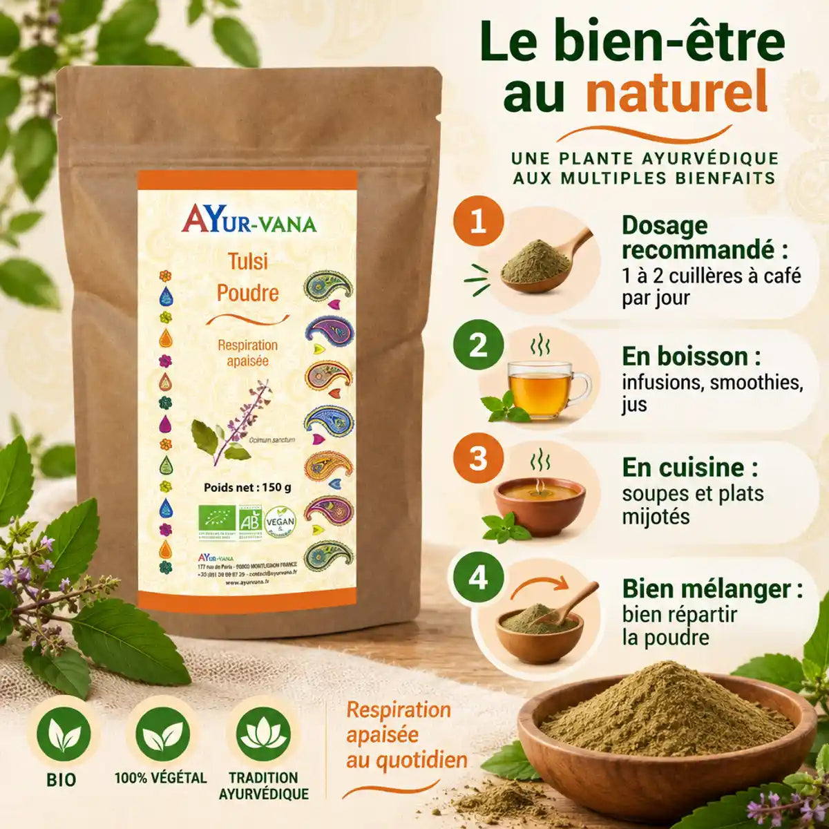 Poudre de tulsi bio AyurVana 150 g, basilic sacré, avec guide d'utilisation en 4 étapes : dosage, boissons, cuisine et mélange.