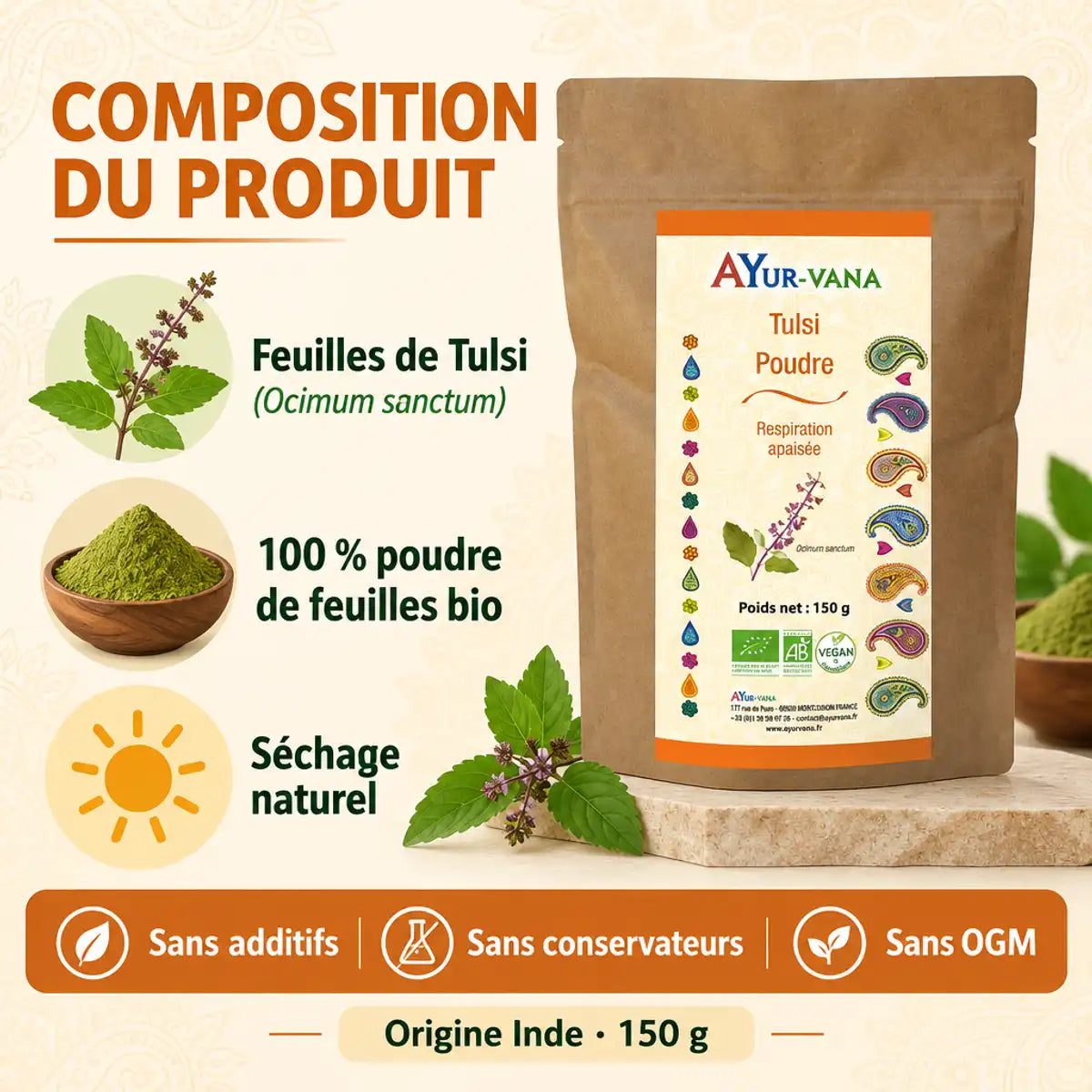Poudre de Tulsi bio AyurVana 150 g : composition avec feuilles de basilic sacré, poudre 100 % bio et séchage naturel
