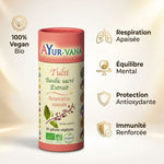 Tulsi Bio Extrait AyurVana 60 gélules avec bénéfices respiration et immunité en infographie