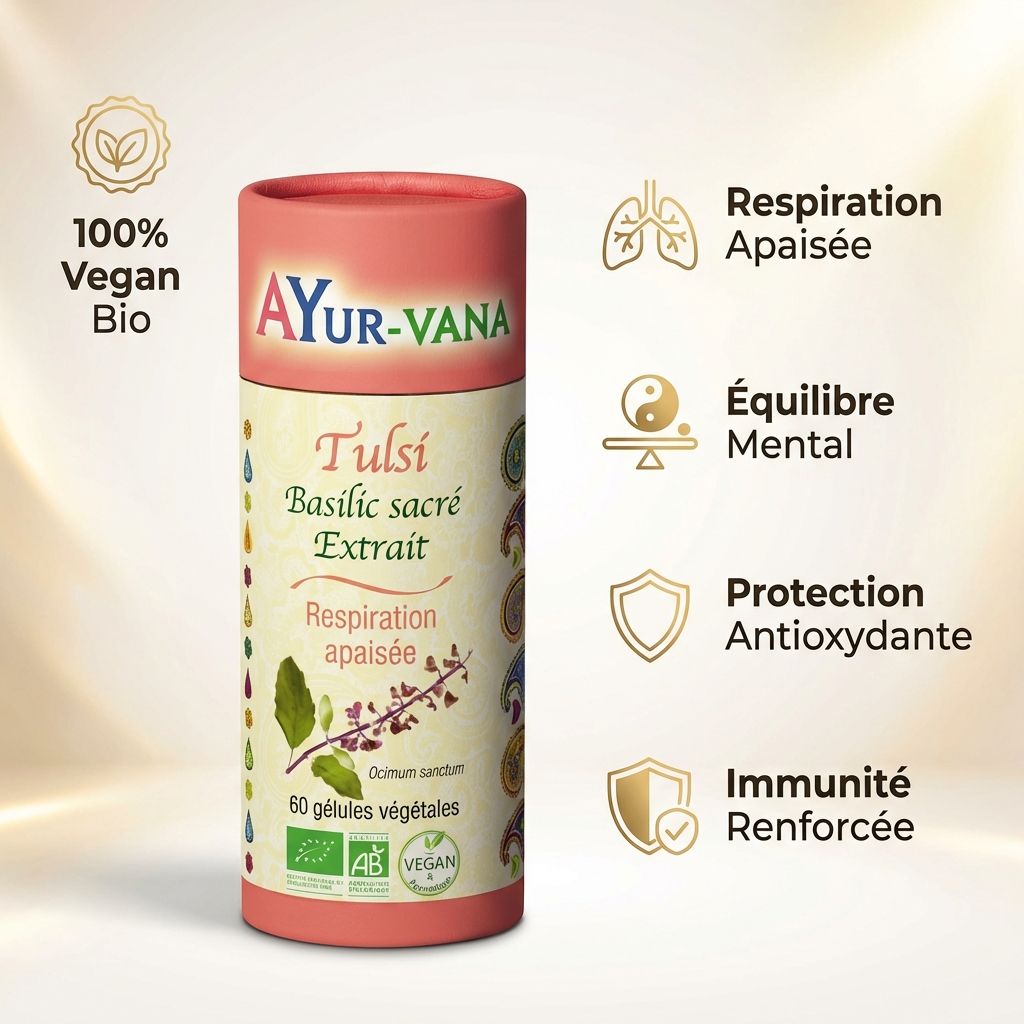 Tulsi Bio Extrait AyurVana 60 gélules avec bénéfices respiration et immunité en infographie