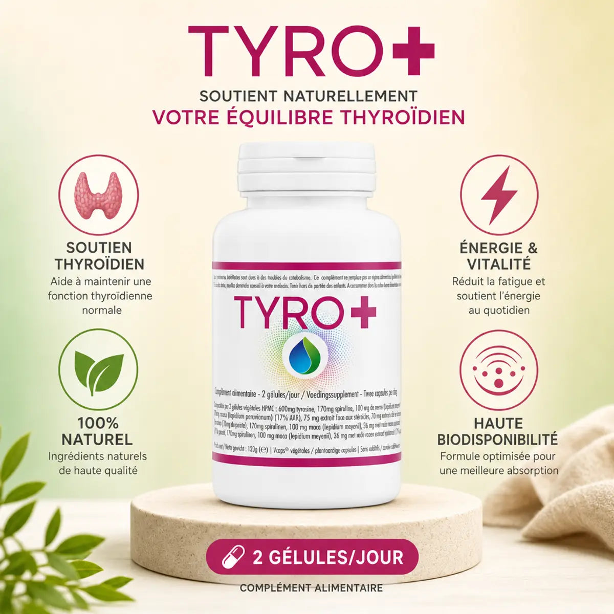 Tyro+ Jade 120 gélules - Supplément thyroïdien naturel avec infographies bénéfices