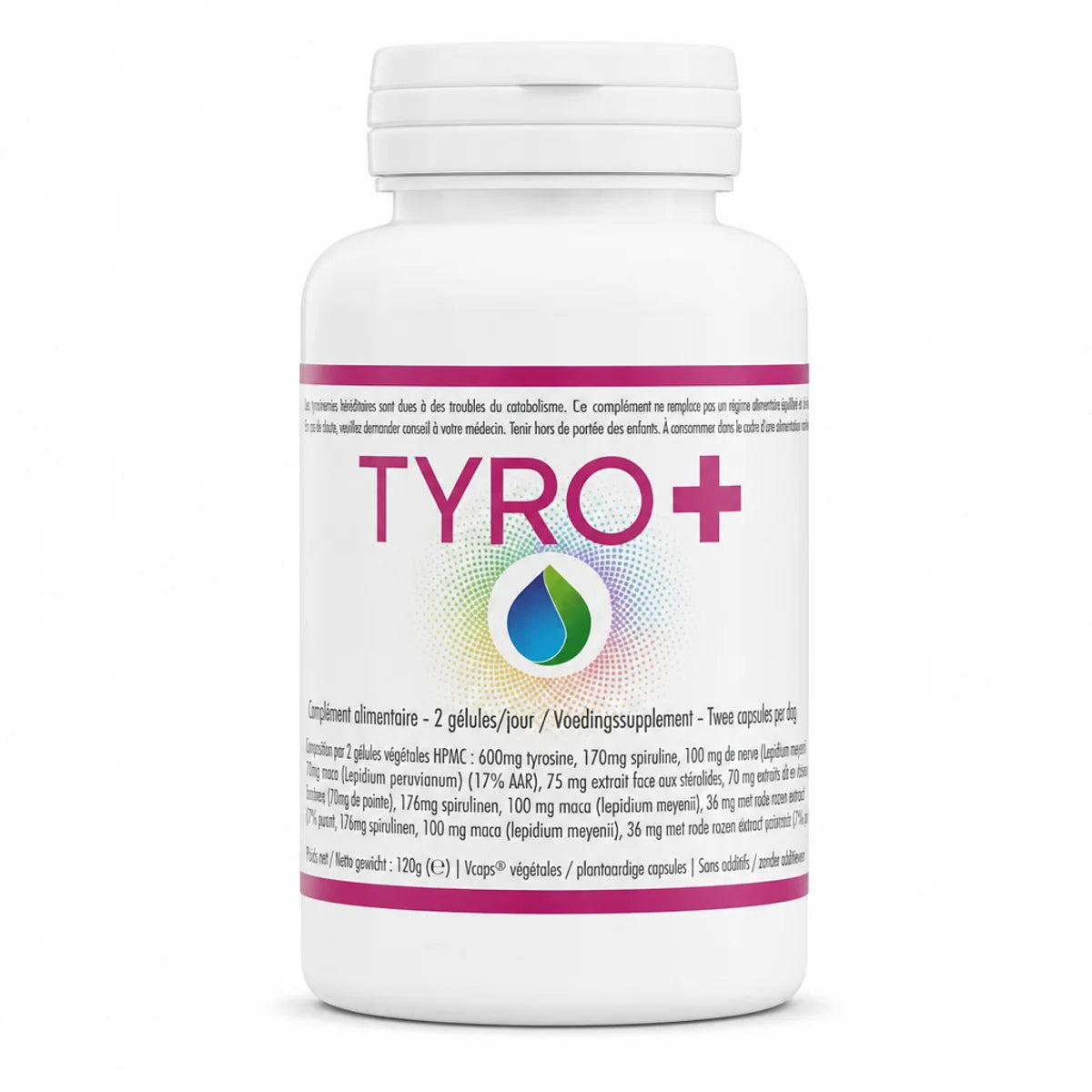 Bouteille Tyro+ Jade Recherche 120 gélules, complément alimentaire en flacon blanc avec étiquette mauve