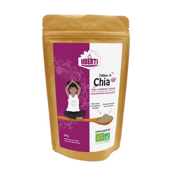 Un sachet de Protéine de graines de chia bio de 80 grammes de la marque Uberti